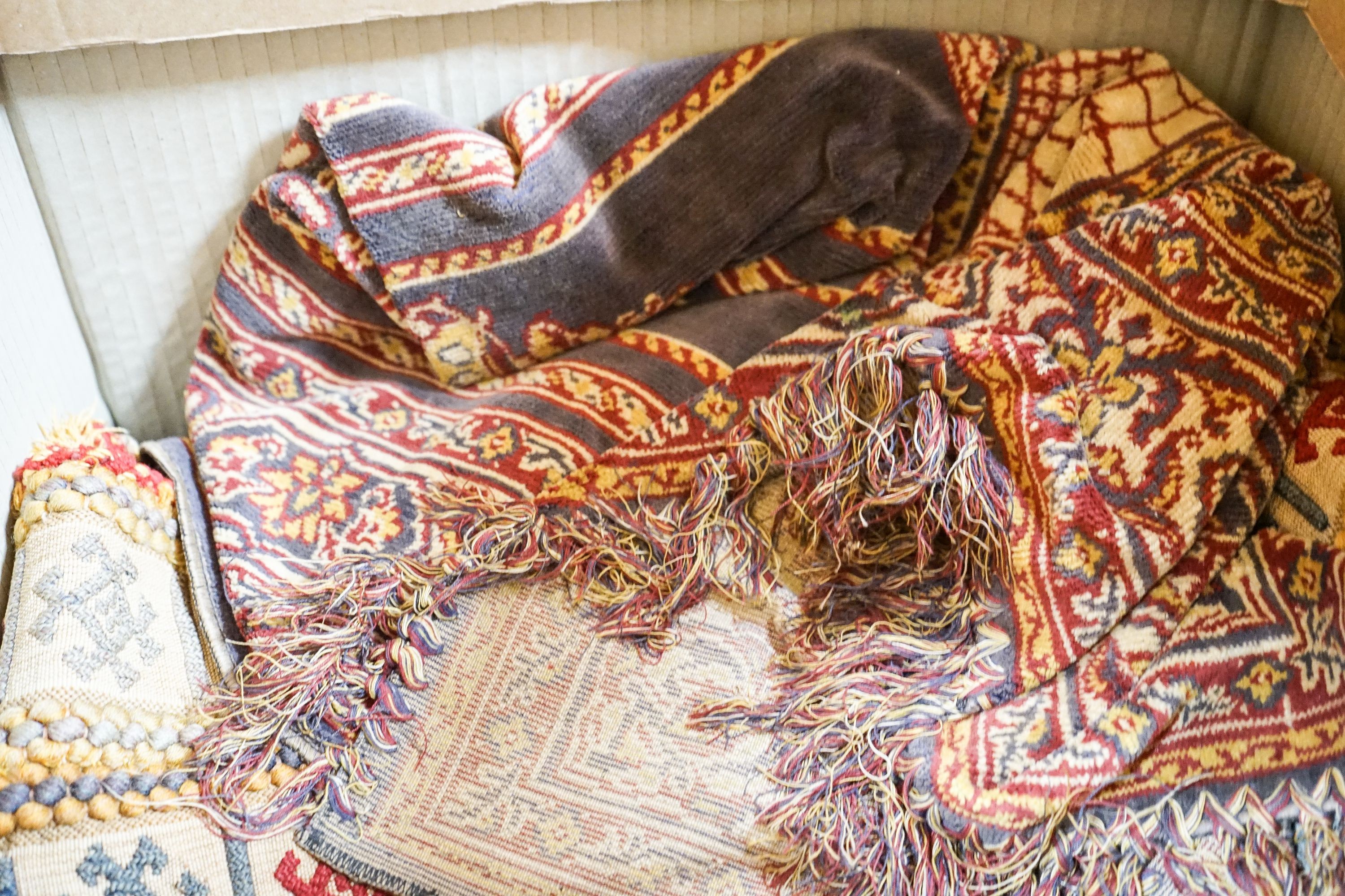 Two Paisley shawls, various, embroideries and textiles
